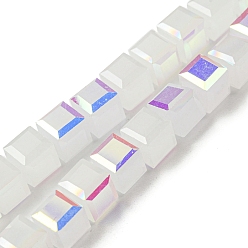 White Electroplate Glass Beads Strands, Half Rainbow Plated, Faceted, Cube, White, 7~7.5x7~7.5x7~7.5mm, Hole: 1mm