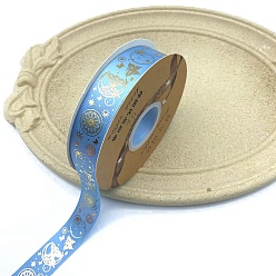 Light Sky Blue Golden Hot Stamping Butterfly Star Pattern Polyester Ribbons, for DIY Handmade Craft, Hair Bowknots and Gift Decoration, Light Sky Blue, 1 inch(25mm), 48 Yards/Roll