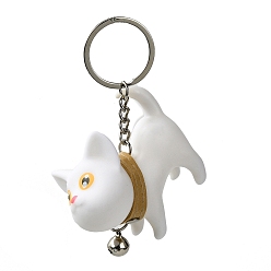 White Resin Keychains, with PU Leather Decor and Alloy Split Rings, Cat Shape, White, 9cm