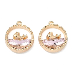 Pink Сплав стекла подвески, плоская круглая форма с подвесками в виде китов, стойки покрытие, без кадмия, без никеля и без свинца, золотые, розовые, 18x15.5~16x4~4.5 мм, отверстие : 1.2~1.4 мм
