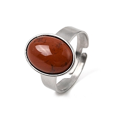 Red Jasper Adjustable 304 Stainless Steel Finger Rings for Women, with Natural Red Jasper, Oval, Stainless Steel Color, 17mm