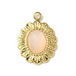 Misty Rose Ion Plating(IP) Real 14K Gold Plated 304 Stainless Steel with Glass Pendant, Oval Flower Charms, Misty Rose, 18x13x3.5mm, Hole: 1.6mm