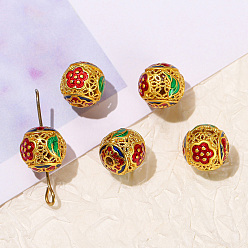 Colorful Brass Enamel Beads, Round with Flower, Colorful, 12mm