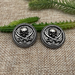 Antique Silver Alloy Buttons, with Screws, DIY Accessaries, Flat Round with Concho Pirate Skull, Antique Silver, 3cm