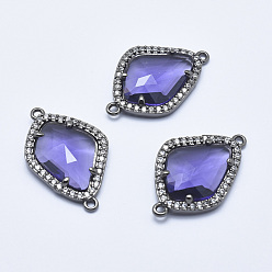 Mauve Brass Micro Pave Cubic Zirconia Links, with Glass, Faceted, teardrop, Gunmetal, Mauve, 27x18x4.5mm, Hole: 1.4mm