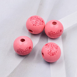 Pale Violet Red Valentine's Day Theme Printed Wood European Beads, Large Hole Beads, Round with Word Happy Valentine's Day, Pale Violet Red, 16mm, Hole: 4mm