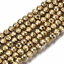 Real 18K Gold Plated Electroplate Non-magnetic Synthetic Hematite Beads Strands, Round, Faceted, Real 18K Gold Plated, 4mm, Hole: 1mm, about 108pcs/strand, 15.94 inch(40.5cm)