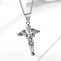 Stainless Steel Color Titanium Steel Angel Fairy Pendant Necklace, Stainless Steel Color, 23.62 inch(60cm)