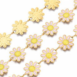 Pearl Pink 304 Stainless Steel & Enamel Link Chains, with Spool, Unwelded, Real 16K Gold Plated, Nickel Free, Flower, Pearl Pink, 13.5x10x1mm, about 16.4 Feet(5m)/roll