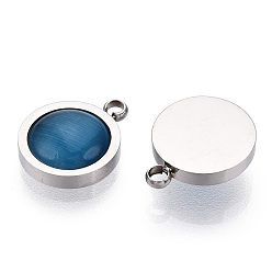 Stainless Steel Color 304 Stainless Steel Pendants, Manual Polishing, with Cat Eye, Flat Round Charm, Stainless Steel Color, 12x10x4mm, Hole: 1.6mm
