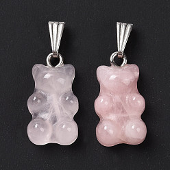 Rose Quartz Natural Rose Quartz Pendants, with Stainless Steel Color Tone 201 Stainless Steel Findings, Bear, 27.5mm, Hole: 2.5x7.5mm, Bear: 21x11x6.5mm