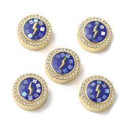 Морской Синий Латунные микро проложить кубического циркония бусы, с эмалью и ракушкой, долговечный, без свинца и без кадмия, реальный 18 k позолоченный, плоские круглые с молнией, Marine Blue, 12x5.5 мм, отверстие : 2 мм