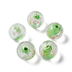 Spring Green Handmade Lampwork Bead, with Gold Foil, Round, Spring Green, 11.5~12x11~11.5mm, Hole: 1.8~2mm