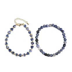 (306FM) Жонкиль матовый с лаймовой подкладкой Набор браслетов из натуральной голубой яшмы с бусинами для женщин, сердце и круглый, с латунной бисера, реальный 18 k позолоченный, долговечный, стойки покрытие, внутренний диаметр: 2-1/8 дюйм (5.5 см) и 7-1/4 дюйм (18.5 см)