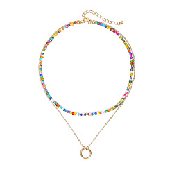 The main color Минималистичное двухслойное ожерелье из разноцветных рисовых бусин с подвеской в виде круга из сплава в стиле ретро и стильной цепочкой на ключицу из бисера для женщин