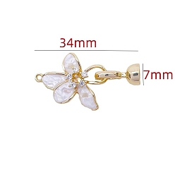 Golden Brass Micro Pave Clear Cubic Zirconia Fold Over Clasps, with Shell, Golden, 34x7mm
