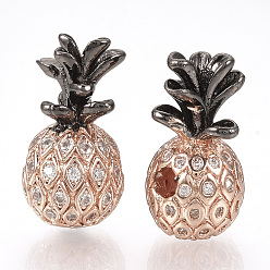 Gunmetal & Rose Gold Rack Plating Brass Cubic Zirconia Beads, Long-Lasting Plated, Pineapple, Clear, Gunmetal & Rose Gold, 17x9mm, Hole: 2mm