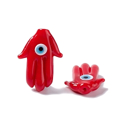 Red Handmade Evil Eye Lampwork Beads, Half Drilled, Hamsa Hand/Hand of Miriam, Red, 27~27.5x19.5~21x6.5mm, Hole: 1mm