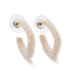 White Imitation Pearl Beaded Twist C-shape Stud Earrings, Alloy Half Hoop Earrings, Open Hoop Earrings with 925 Sterling Silver Pin for Women, Light Gold, White, 21.5x23.5x4mm, Pin: 1mm