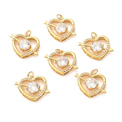 Real 18K Gold Plated Brass Micro Pave Clear Cubic Zirconia Pendants, Long-Lasting Plated, Heart with Arrow, Real 18K Gold Plated, 16x21x6mm, Hole: 4mm, Ring: 5x1mm