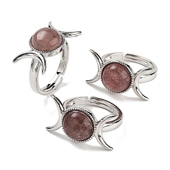 Клубничный Кварц Регулируемые кольца из натурального клубничного кварца, Платиновые латунные кольца на палец с тройной луной для женщин и мужчин, размер США 7 1/4 (17.5 мм)