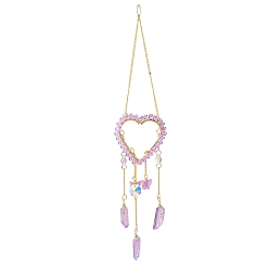 Camellia Heart Quartz Crystal Dyed Hanging Suncatcher Pendant Decoration, Crystal Ball Prism Pendants, with Brass & Iron Findings, Camellia, 300mm