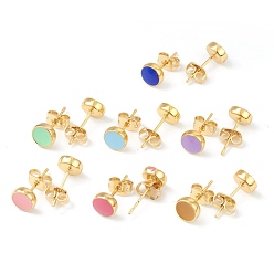 Mixed Color Golden Plated Brass Enamel Stud Earrings, with Ear Nuts, Flat Round, Mixed Color, 7mm, Pin: 0.6mm