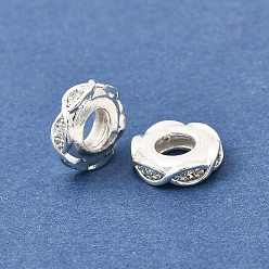 Серебро Бесконечность, латунные микропаве, прозрачные кубические циркониевые бусины, европейские бусины, RONDELLE большие шарики отверстия, стойки покрытие, долговечный, без свинца и без кадмия, серебряные, 10x2.7 мм, отверстие : 4.3 мм