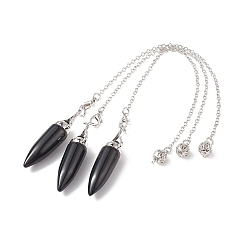 Обсидиан Натуральные обсидиановые подвесные маятниковые подвески, пулевые чары, латунная фурнитура с платиновым покрытием, 240x2.5 мм, отверстие : 1.7 мм