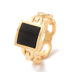 Golden Black Acrylic Square Finger Ring, Ion Plating(IP) 304 Stainless Steel Jewelry for Women, Golden, US Size 6~9(16.5~18.9mm)
