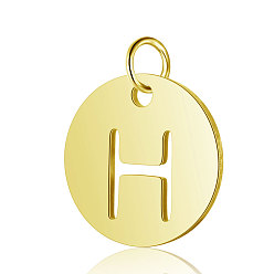 Letter H 304 Stainless Steel Charms, Flat Round with Letter, Golden, Letter.H, 12x1mm, Hole: 2.5mm