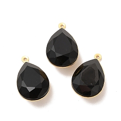 Black Real 18K Gold Plated Brass with Glass Pendants, Faceted Teardrop Charms, Lead Free & Cadmium Free, Black, 22x13x9mm, Hole: 1mm