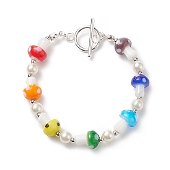 Colorful Lampwork Mushroom & Glass Pearl Beaded Bracelet with 304 Stainless Steel Toggle Clasps for Women, Colorful, 7-5/8 inch(19.4cm)