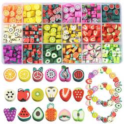 Mixed Color 430Pcs 18 Style Fruit Handmade Polymer Clay Beads, Mixed Shapes, Mixed Color, 7~17x9~11x3~6mm, Hole: 1.2~2mm