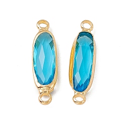 Blue Zircon Transparent K9 Glass Connector Charms, with Light Gold Plated Brass Findings, Faceted, Rectangle Links, Blue Zircon, 22.5x6x3.4mm, Hole: 1.7mm