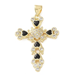 Черный Латунные микро проложить кубического циркония подвески, пасхальные подвески в виде креста в форме сердца, реальный 18 k позолоченный, чёрные, 32x22.5x3.5 мм, отверстие : 4x3 мм