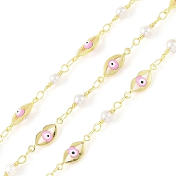 Pink Enamel Lip Link Chains, with Glass Seed Beaded and Rack Plating Real 18K Gold Plated Brass Chain, Soldered, with Spools, Long-Lasting Plated, Cadmium Free & Lead Free, Pink, 16x5.6x3mm