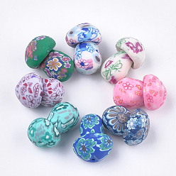 Mixed Color Handmade Polymer Clay Beads, Half Drilled Beads, Mushroom with Flower, Mixed Color, 16.5~19.5x11~13x11~13mm, Half Hole: 0.7~1mm
