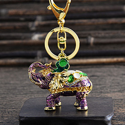 Medium Purple Elephant Alloy Enamel & Rhinestone Pendant Keychains, with Key Ring for Bag Car Key Pendant Decoration , Medium Purple, 12x6cm