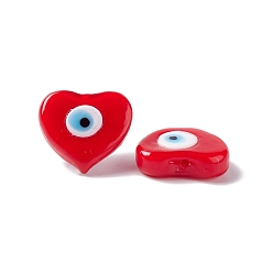 Red Handmade Evil Eye Lampwork Beads, Half Drilled, Heart, Red, 16~16.5x17.5~18x5.5~6mm, Hole: 1mm
