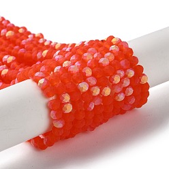 Orange Red Transparent Glass Beads Strands, Faceted, Frosted, Half AB Color Plated, Rondelle, Orange Red, 4~4.5x3.5~4mm, Hole: 1mm, about 117~121pcs/strand, 16.61~16.73 inch(42.2~42.5cm)