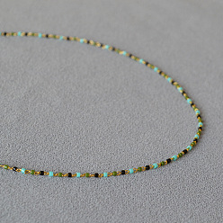 green short necklace with a 39+5 centimeter extension chain Ожерелье ручной работы из импортных рисовых бусин - мило, художественный, ретро, нежный, минималистский, короткий.