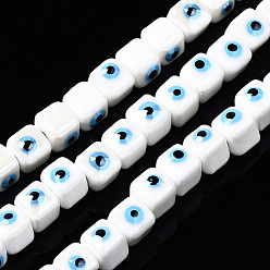 White Handmade Porcelain Ceramic Beads Strands, Bright Glazed Porcelain, Cube with Evil Eye, White, 9.5x8.5x8.5mm, Hole: 1.5mm, about 40pcs/strand, 12.99 inch(33cm)