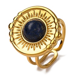 Ляпис-Лазурь Природные лазурит кольца палец, плоские круглые золотистые тона 304 манжеты из нержавеющей стали для женщин, внутренний диаметр: регулируемый