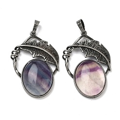 Флюорит Природного флюорита подвески, овальные подвески с латунным листом, античное серебро, 44x29.5x9 мм, отверстие : 8x5 мм