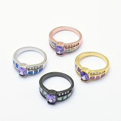 Mixed Color Cubic Zirconia Finger Rings, with Synthetic Opal and Brass Findings, Long-Lasting Plated, Oval, Size 7, Mauve, Mixed Color, 17.5mm