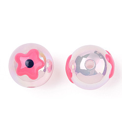 Hot Pink UV Plating Rainbow Iridescent Acrylic Beads, Hand Drawn Beads, with Enamel, Round with Flower, Hot Pink, 17x16x15.5mm, Hole: 2.8mm