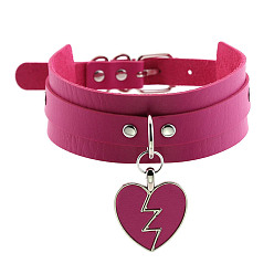 purple-red Rocking Heart Pendant Collar with Double-layer Leather Chain and Lock Clavicle Necklace