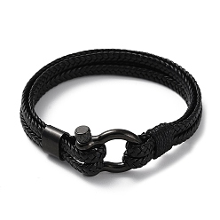 Black Leather Braided Cord Bracelet, with 304 Stainless Steel Clasps for Men Women, Black, 8-1/2 inch(21.5cm)