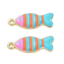 Cyan Printed Brass Pendants, Fish with Stripe Charms, Rack Plating, Long-Lasting Plated, Lead Free & Cadmium Free, Real 18K Gold Plate, Cyan, 26.5x10x2.5mm, Hole: 2mm